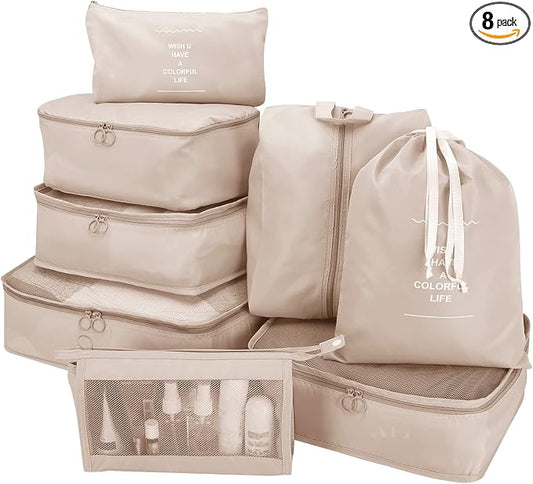 8 Pcs Travel Organizer Pouch Packing Cubes for Travel Clothes Space Savers Bags Cosmetics/Underwear/Socks/Shoes Toiletry Organiser Pouch (Beige) by Niwlix