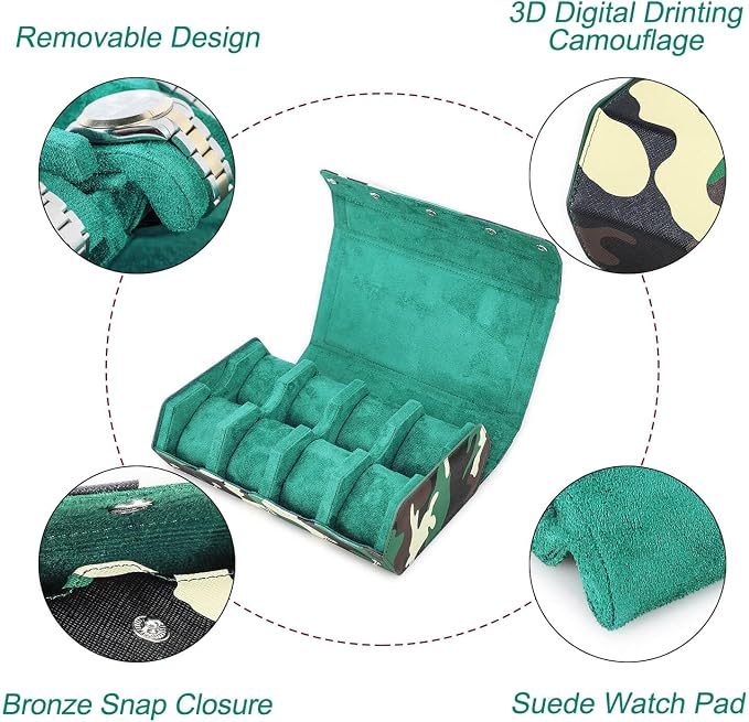 Hiram Genuine Leather Hexagon Watch Roll Travel Case, Military Camouflage Leather 8-Watches Roll Case with Removable Pillow Cushion for Treasured Watches and Bracelets-Camouflage Green - Image 4