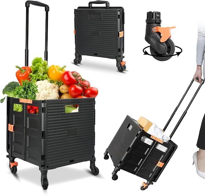 Utility Cart Folding Portable Rolling Crate Handcart with Lid Durable Heavy Duty Plastic Telescoping Handle Collapsible 360 Degree Rotate Wheels for Travel Shopping Moving Luggage Office Use,Black - Image 5