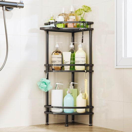 HapiRm Standing Corner Shower Caddy - 3 Tier Shower Organizer Corner with Soap Holder and 4 Hooks, Rustproof Bathroom Storage Shelves with Adhesives, Black by HapiRm