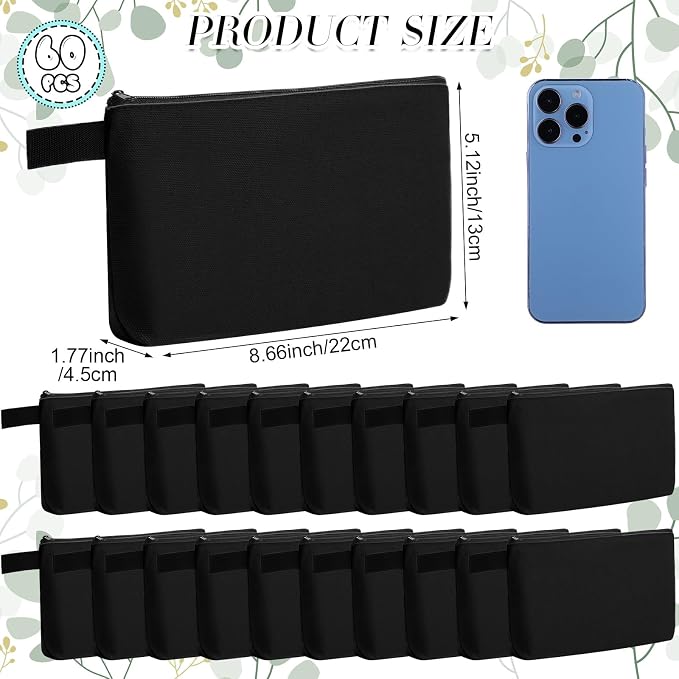 Reginary 60 Pcs Black Canvas Makeup Bag Bulk Portable Travel Cosmetic Pouch Versatile Blank Toiletry Bag with Zipper for Women DIY Craft Purse Pencil Case (8.6 x 5 x 2 Inch) - Image 2