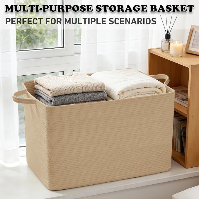 96L Extra Large Cotton Rope Laundry Basket with Sturdy Handles | 24x16x15 Foldable Rectangular Blanket Basket for Toys, Clothes & Pillows,Ideal for Nursery, Bathroom, Bedroom, Living Room - Image 6