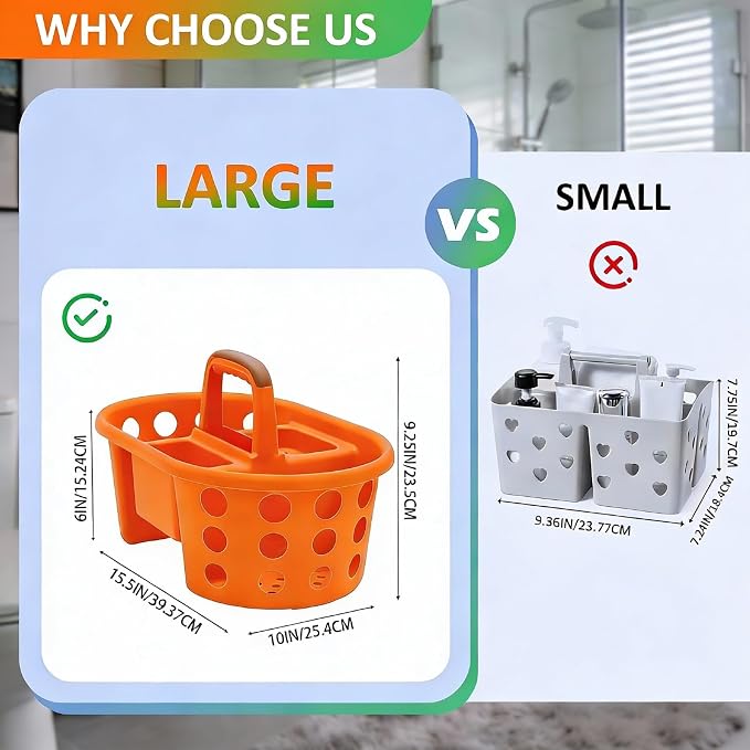 SIMPLYKLEEN Large Shower Caddy Portable 2PC - Made in USA Plastic Jumbo Size Dorm Storage Candy Tote with Handle Shower Organizer for Bathroom, Pantry, Kitchen, College Dorm, Green/Orange - Image 5