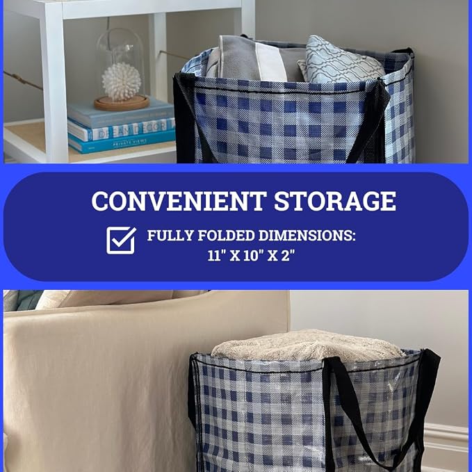 DURASACK Heavy Duty Storage Tote Bag 22-Gallon, Gingham Blue, Pack of 4 | Rugged Woven Polypropylene Moving Bag, Reusable Self-Standing Design, Holds up to 500 Pounds - Image 4