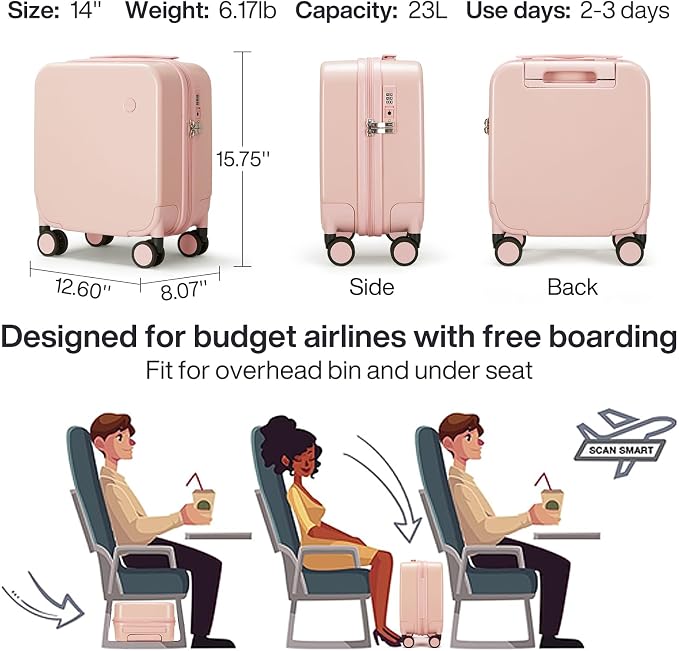 mixi 14 Inch Underseat Luggage Carry on Suitcase Free Boarding Personal Item Suitcases with Spinner Wheels Hardshell Lightweight PC for Short Travel, Pink - Image 6