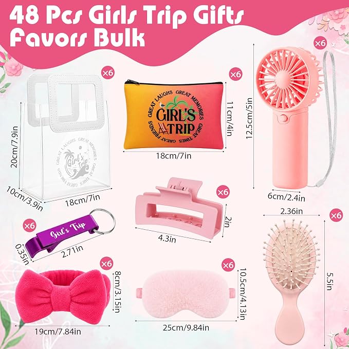 Lewtemi 48 Pcs Girls Trip Gifts Favors for Women Girls Weekend Getaway, Bulk Travel Accessories Set with Clear Gift Bag, Mini Handheld Fan, Makeup Pouches, Sleep Masks, Headbands, Hair Brushes & Clips - Image 2