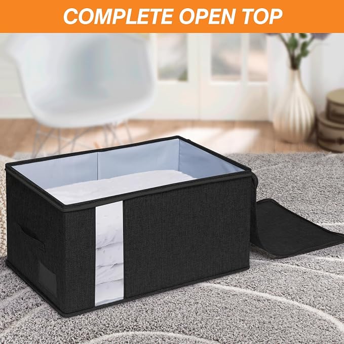 punemi 2 Pack Clothes Storage, Sturdy Blanket Storage Bags with Side Bottom Support, Storage Containers for Organizing Bedroom Closet Clothing Comforter, Organization and Storage W/Lids Handle,Black - Image 4
