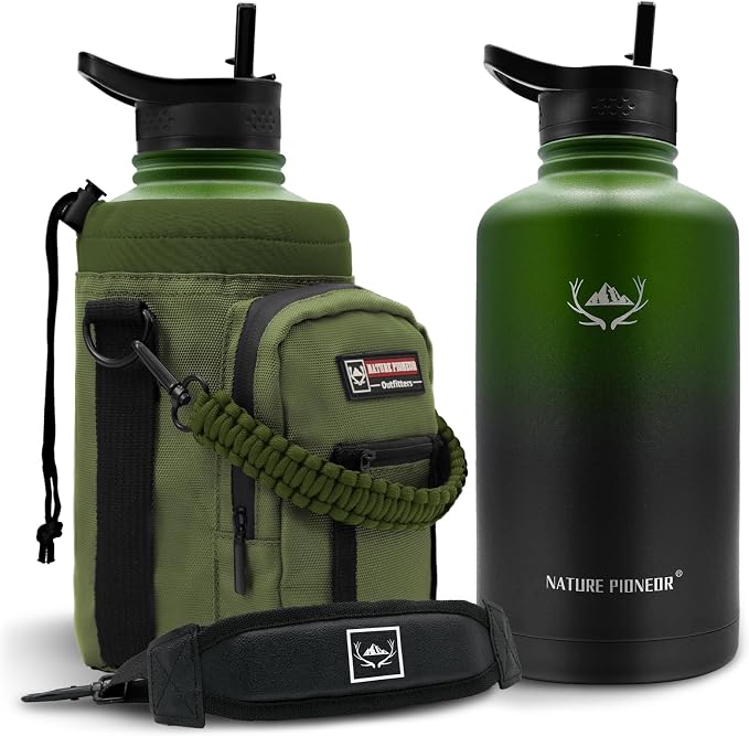 NATURE PIONEOR 64 oz Insulated Water Bottle with Carrier Bag & 3 Lids | 18/8 Food-grade Stainless Steel, Double Vacuum Insulation, 3 Leak-proof Lids, Strap, Camping, Hiking, Gym, Work by NATUREPIONEOR