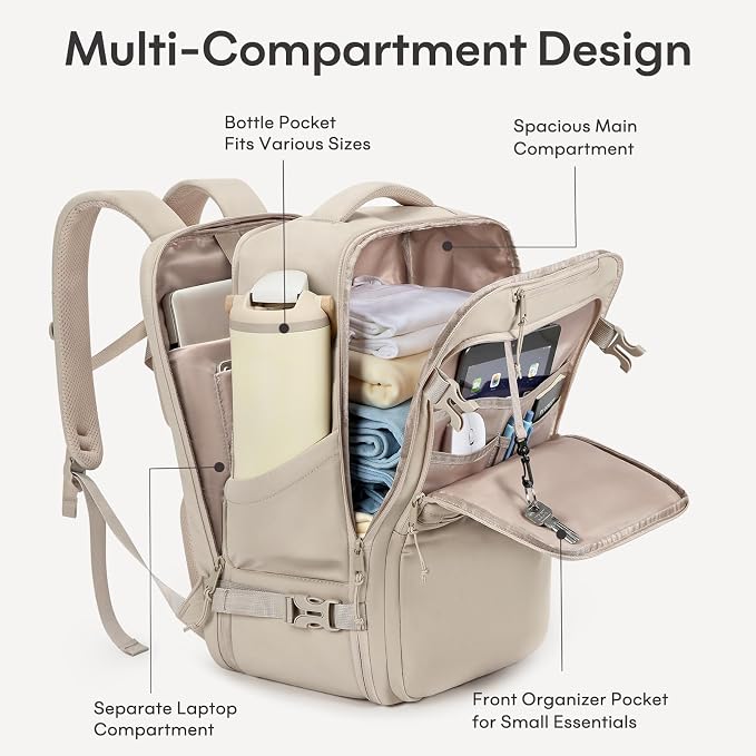 mibasies 40L Travel Backpack for Women & Men: Carry On Luggage Flight Approved, TSA Laptop Backpack with Water Bottle Pocket, Personal Item Bag Fits 17" Laptop for Weekender Business - Camel - Image 4