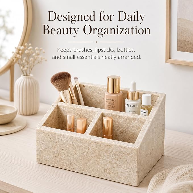Travertine 3-Compartment Desk Organizer, Beige | Natural travertine with 3 compartments for pens, makeup brushes, skincare bottles, office supplies and vanity items - Image 2