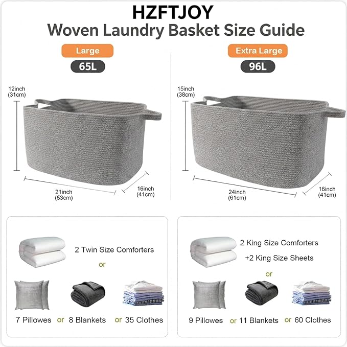 65L Collapsible Woven Rope Laundry Basket with Handles, Grey | 21x16x12 Foldable Rectangular Blanket Basket for Toys, Clothes & Pillows,Ideal for Nursery, Bathroom, Bedroom, Living Room - Image 2
