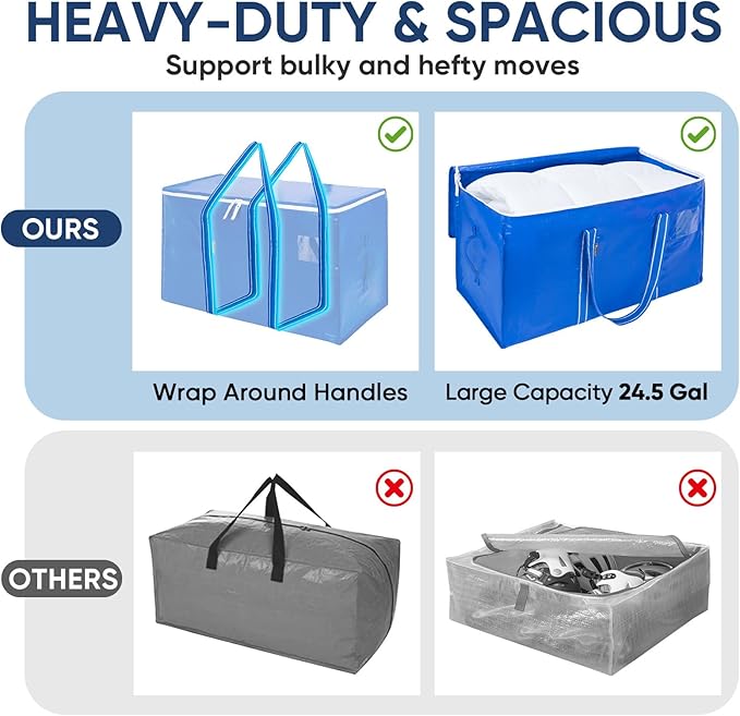 BALEINE 4-Pack Oversized Moving Bags with Reinforced Handles, Heavy-Duty Storage Tote for Clothes, Moving Supplies (Royal Blue, 4-Pack) - Image 4