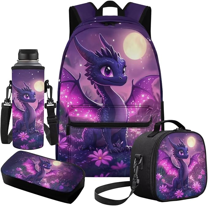 4Pcs Girls Backpack and Lunch Box Set, Moonlight Dragon Girls Backpacks Ages 8-10 6-8, Purple 17 Inch School Backpack with Pencil Pouch & Bottle Sleeve, Lightweight Kids Bookbag Set - Image 2