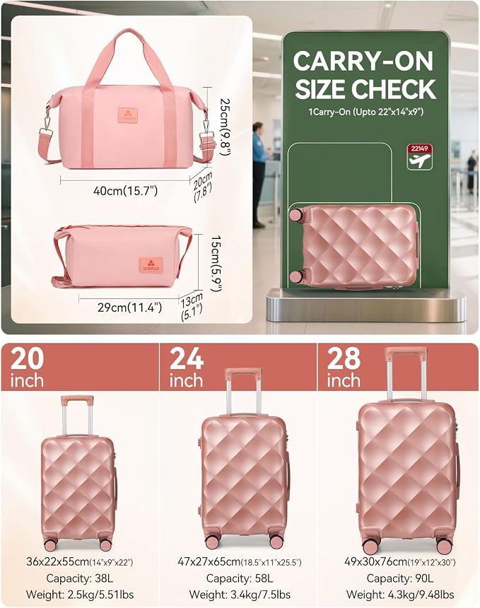 Somago 2 PieceLuggage Set (20"/24") with Duffel Bag and Toiletry Bag, Carry On Luggage Airline Approved with YKK Zipper TSA Lock ABS Hardside Luggage Spinner Wheels - Image 8