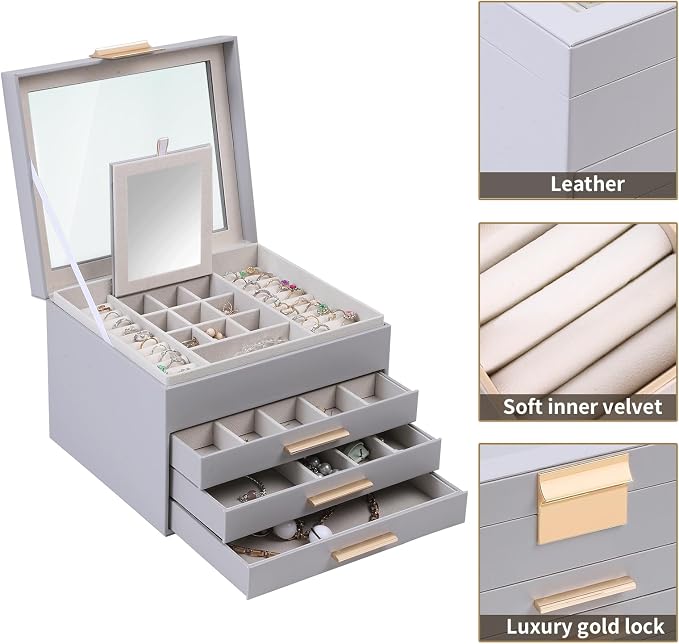 BOOVO Clear Lid Jewelry Box,3 Layers Jewelry Organizer Large Jewelry Storage Box with 2 Drawers,Jewelry Holder Organzier of Rings Earrings Necklace Bracelets for Women (Grey, 4 Layer) - Image 2