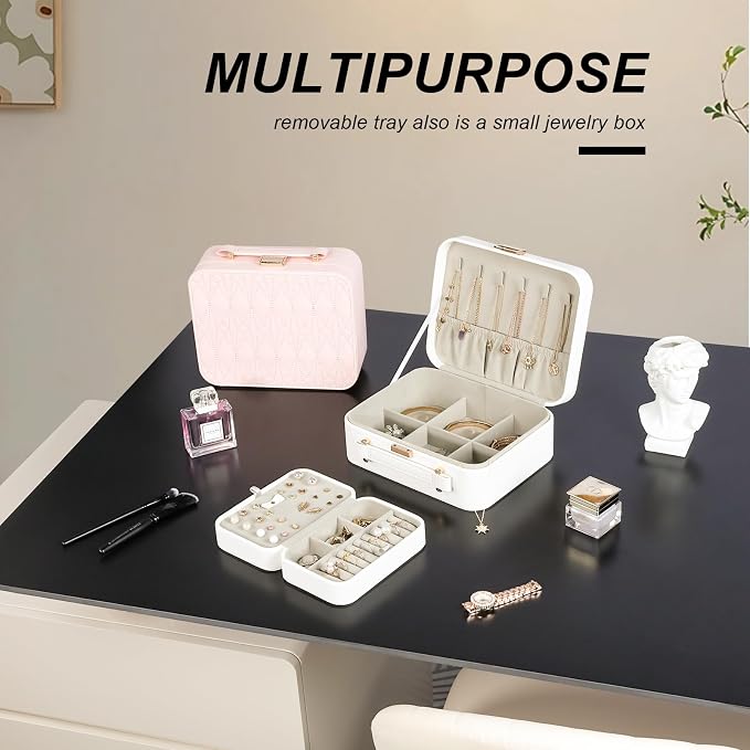 White Jewelry Box, Large Travel Jewelry Case Organizer, 2 Layer Jewelry Holder Organizer, Traveling Jewelry Organizer for Women, Watch Case for Women, White - Image 6