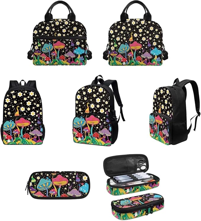 Black Fantastic Mushroom Backpack with Lunch Box and Pencil Case Girls Comfy Padded Cute School Backpack Set of 3 Bookbag for Student Lightweight Large Capacity Daypack - Image 3