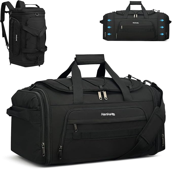 Hanke Duffle Bag for Travel, Dual Expandable 45L-55L Carry On Duffel, 3 In 1 Weekender Tote, Water Resistant Overnight Bag with 15.6" Compartment for Men Women, Black by Hanke