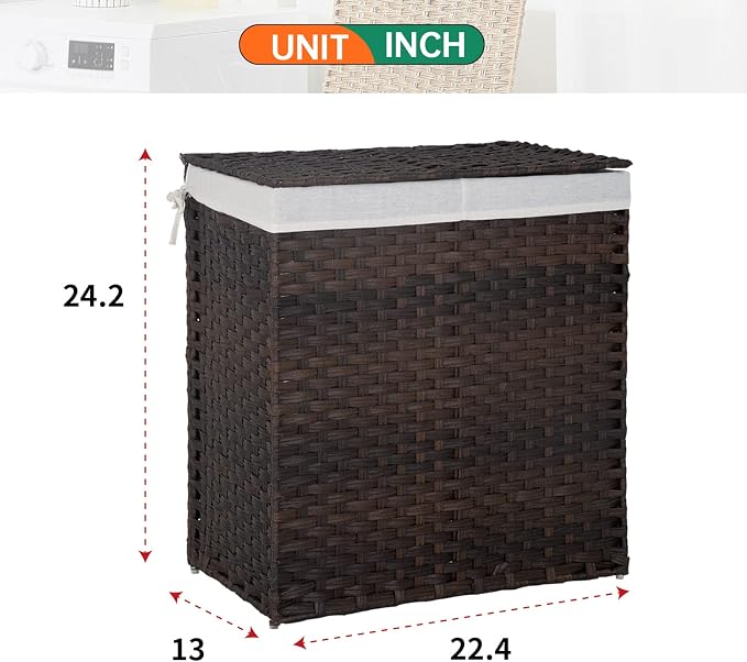 Paylesshere Laundry Basket Handwoven Laundry Hamper 90L/110L Foldable Rattan Hamper With Lid,2 Removable Liner Bags & 6 Laundry Bags,Clothes Hamper Bathroom Laundry Basket,Brown - Image 8