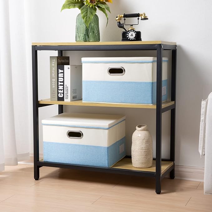 PRANDOM Large Foldable Storage Boxes with Lids [3-Pack] Fabric Collapsible Storage Bins Organizer Containers Baskets Cube with Cover for Home Bedroom Closet Office Nursery Blue&Cream(17.7x11.8x11.8) - Image 2