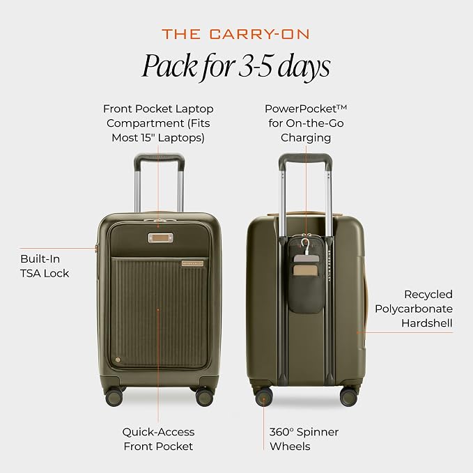 Briggs & Riley Essential 22 Inch Carry On Luggage Suitcase - Hardshell Luggage with Front Opening Pocket - Laptop Compartment - Compression Packing & Spinner Wheels - Sympatico Collection - Olive - Image 3