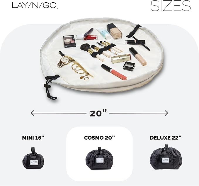 Lay-n-Go Cosmo Drawstring Cosmetic & Makeup Bag Organizer - Portable Drawstring Makeup Bag w/Zipper Pocket, Makeup Loops & More - Durable, Machine Washable Toiletry Bag (20", Comfort/White) - Image 5