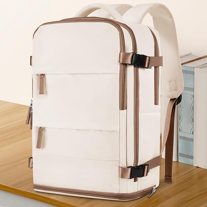 coowoz Large Travel Backpack For Women Men,Carry On Backpack Flight Approved,Hiking Outdoor Rucksack Casual Daypack Travel Bag Essentials Personal Item Backpack (Beige Brown-L) - Image 2