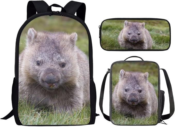 Kids Novelty Animal Backpack and Lunch Box for Boys Girls Student Lightweight 17 Inch School Wombat Backpack with Lunch Bag Pencil Case Kids Comfy Padded Black Large Bookbag - Image 2