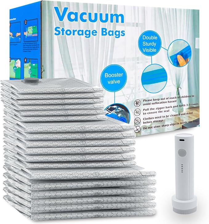 Vacuum Seal Bags 18-Pack with Wireless Pump, 6 Large/6 Medium/6 Sizes, Reusable Storage for Clothes Travel, Luggage & Suitcases, Portable Space Saver by Unknown