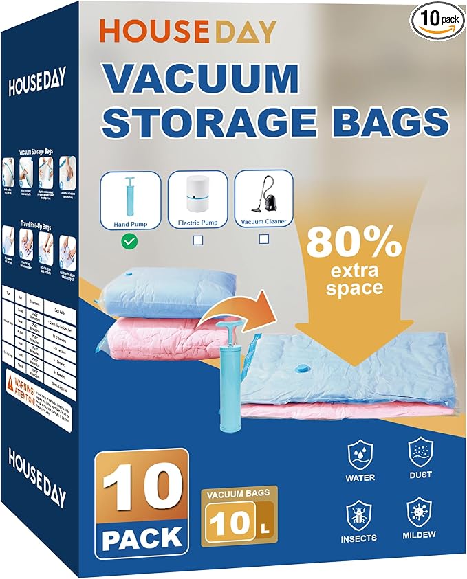 HOUSE DAY 10 Large Vacuum Storage Bags with Pump,Space Saving Vacuum Seal Bags For Clothing Travel, Vacuum Storage Bags For Clothes, Comforters, Blankets, Pillows, Moving, Reusable & Durable,Hand Pump by HOUSEDAY
