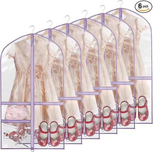 Clear Garment Bags for Dance Costumes, 40” Dance Garment Bags for Dancers, Kids Garment Bag for Dance Competitions with 3 Zipper Pockets, Garment Bags for Hanging Clothes, 6 Pack, Purple by Kntiwiwo