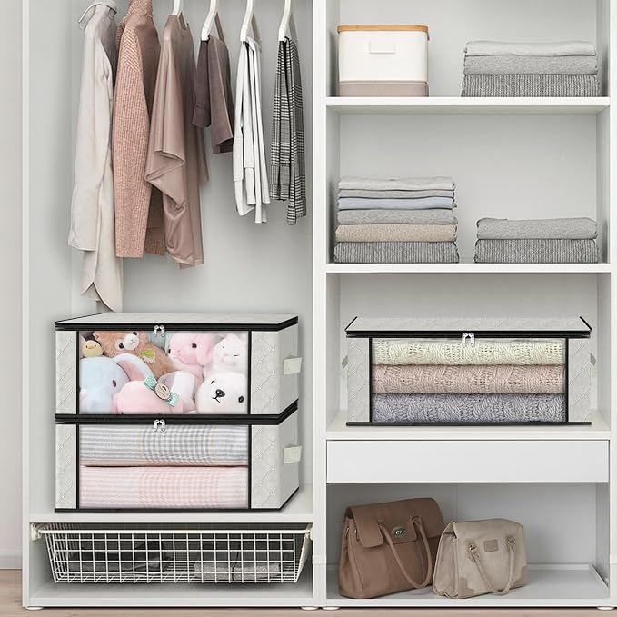 HomeHacks Storage 6-Pack Clothes Organizer Storage Bags Foldable Storage Box with Large Clear Window Sturdy Handles for Closet, Dorm, Pillows, Bedding, Clothes, Blankets, 35L, Ivory - Image 6
