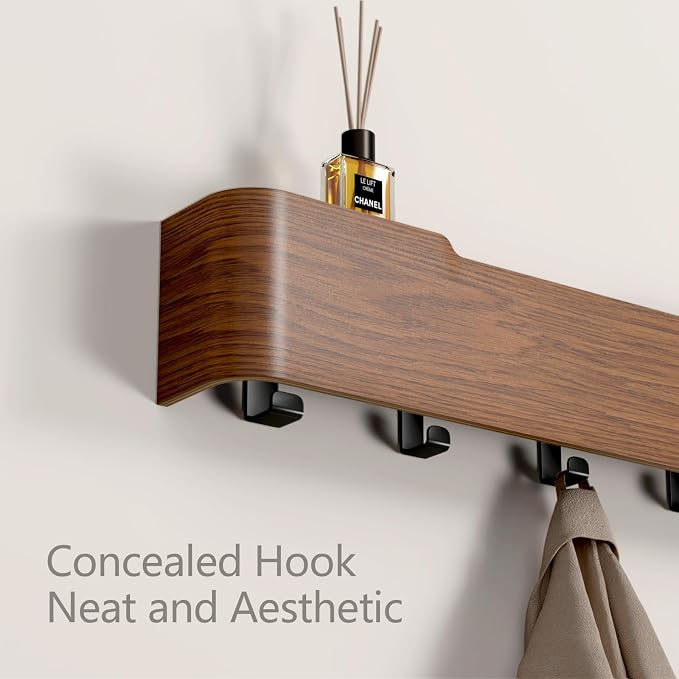Wall Mounted Coat Rack with Shelf, Wooden Entryway Organizer with Hidden Metal Hooks for Hanging Coats Bags Keys, Modern Floating Shelf for Hallway Bathroom - Image 4