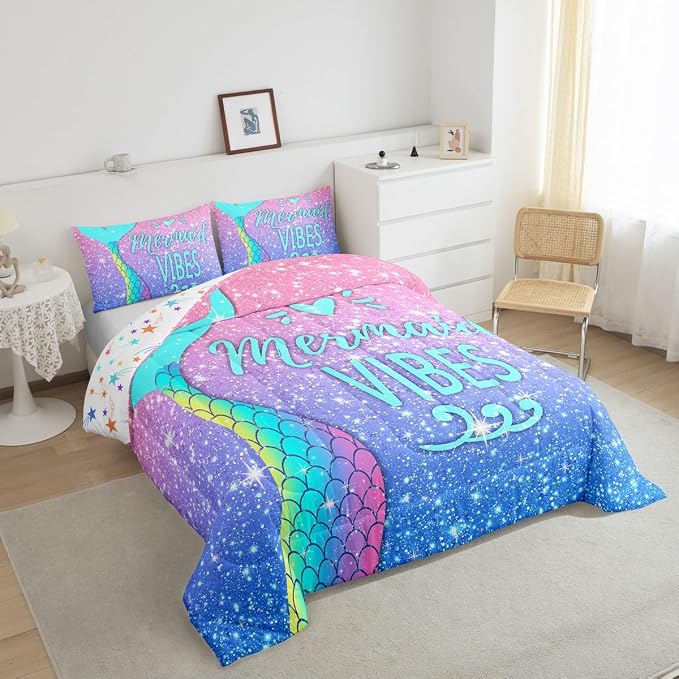 Girls Mermaid Tail Comforter Set Full Kawaii Coastal Fish Scales Bedding Set Glitter Star Galaxy Comforter Blue Pink Pastel Ombre Set Princess Bed Set Ocean Animal Quilt Duvet 2 Pillowcases Teal - Image 3