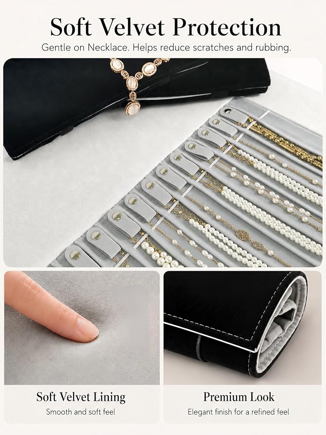 Travel Necklace Organizer, Tangle Free Jewelry Case, 16 Slots | Foldable,LightWeight Compact, Velvet Lining Jewelry Storage Bag for Chain Bracelet, Gift for Women Girls,Black and Gray - Image 5