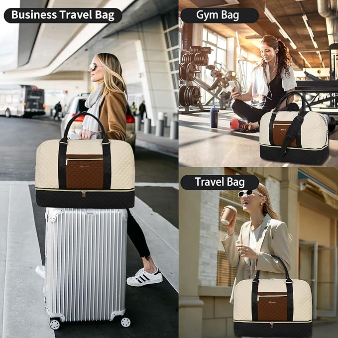 Wogarl 3PCS Weekender Bags for Women Large Overnight Bag Weekend Travel Duffel Bag Carry on Shoulder with Shoe Compartment Canvas Toiletry Bag for Travel Business Gym,Black Beige Brown - Image 6