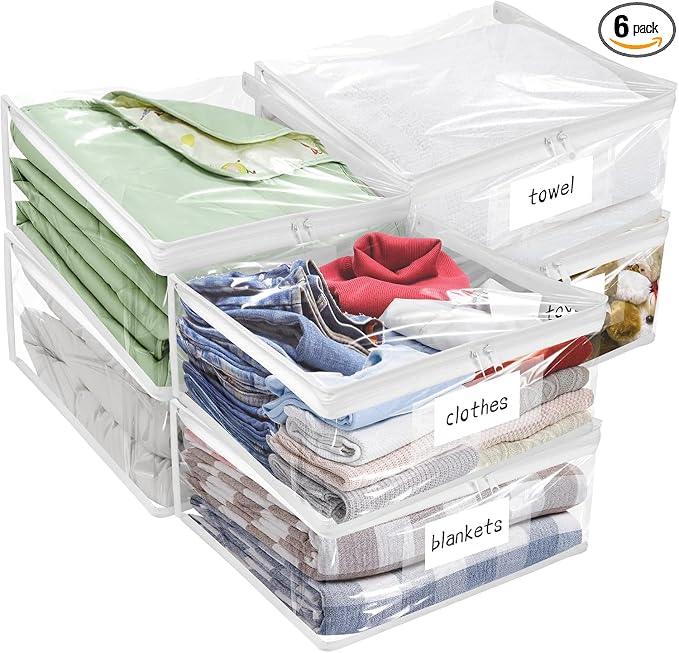 Plastic Storage Bags with Easy-Glide Zipper, Pack of 6, Durable Clear Vinyl Zippered Storage Bags for Clothes Sweaters Comforters Blankets Sheets Bedding (18 x 15 x 4 Inch, White) by Kikerike