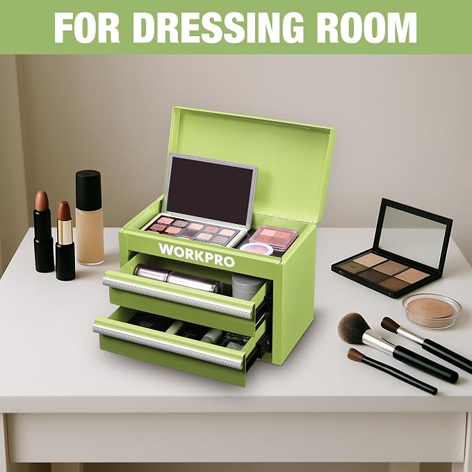 WORKPRO Metal Mini Tool Box with 2 Drawers and Top Storage | Cold Rolled Steel Toolbox, Ball Bearing Slides, PVC Drawer Liners, PP Feet Pads, Durable Storage - Image 7