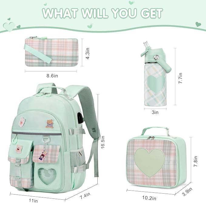 ACESAK Backpack for Girls with Insulated Water Bottle, Bookbag Backpack for Girls Kids, 14oz Kids Water Bottle Stainless Steel, Lunch Bag & Pencial Case, Back To School Gift (Green) - Image 2