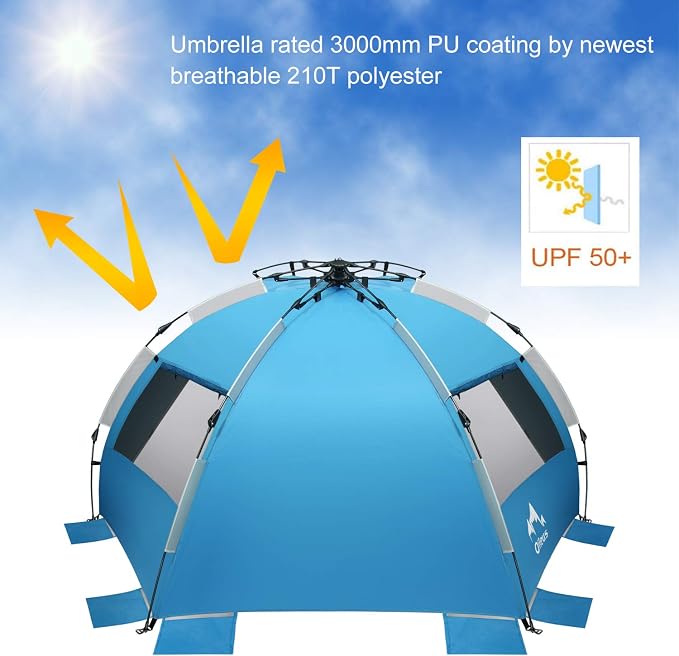 Oileus X-Large 4 Person Beach Tent Sun Shelter - Portable Sun Shade Instant Tent for Beach with Carrying Bag, Stakes, 6 Sand Pockets, Anti UV for Fishing Hiking Camping, Waterproof Windproof, Blue - Image 4
