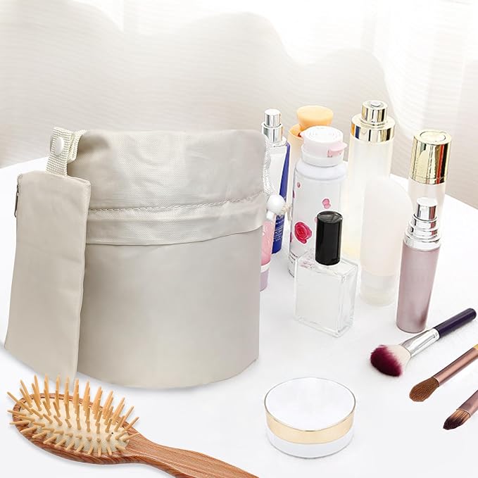 INVODA Drawstring Makeup Bag for Women Cosmetic Bag Large Travel Make up Bags Portable Barrel Toiletry Bag Toiletries Pouch Travel Cosmetic Organizer (White) - Image 5
