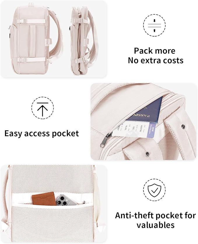 ECOHUB Travel Backpack for Women, 18x14x8 Frontier Airlines Personal Item Bag with Clear Toiletry Bag, Laptop Carry on Backpack with USB Port, Airline Approved Under Seat 14 Pockets 30L, Beige - Image 8