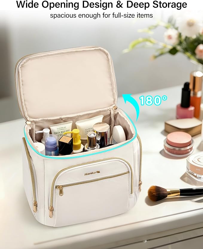 Hanke Large Toiletry Bag for Women Travel, Double Layer Organizer with Wide Opening for Full-Size Cosmetics & Toiletries, 12.2L Water-Resistant Makeup Bag,Off White - Image 2