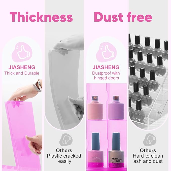 JIASHENG Nail Polish Organizer Case for 48 Bottles Gel Nail Polish Storage | Double Side Adjustable Space Divider for Acrylic Nail Gel Dip Powder Tips Set with Two Toe Separator, Pink - Image 3