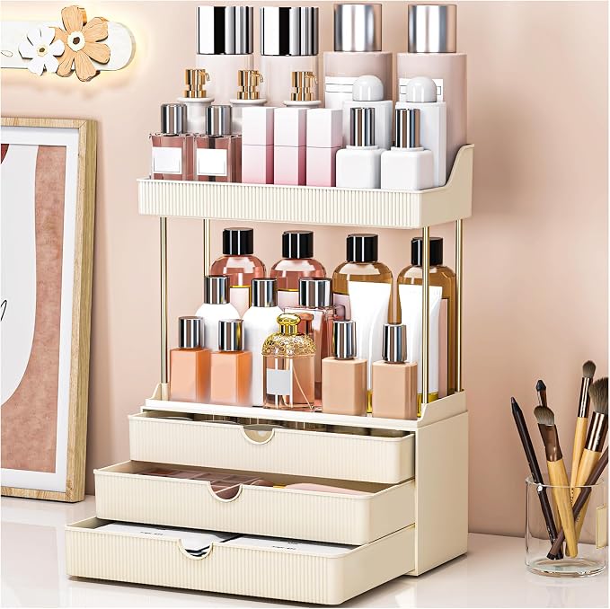 caktraie Bathroom Organizers and Storage - 3 Drawers 2 Tier Makeup Organizer, Cosmetic Storage Drawer for Dresser Countertop and Bathroom Vanity for Large Skincare, Perfume, Cream White by shoeboxesanddeskorganizers