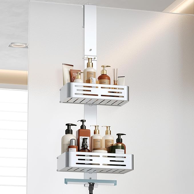 Orimade Aluminum Over the Door Shower Caddy, Rustproof Hanging Shower Organizer, Heavy Duty,Adjustable Height,Safe Rounded Edges, Bottom Plate to Hold Small Items, for Bathroom Storage, 2-Tier Silver by Orimade