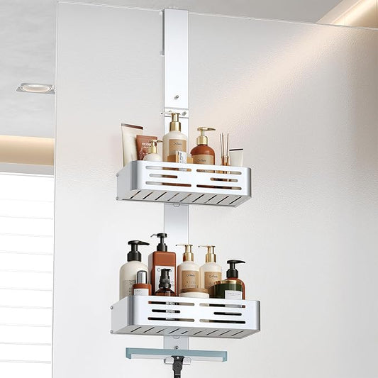 Orimade Aluminum Over the Door Shower Caddy, Rustproof Hanging Shower Organizer, Heavy Duty,Adjustable Height,Safe Rounded Edges, Bottom Plate to Hold Small Items, for Bathroom Storage, 2-Tier Silver by Orimade