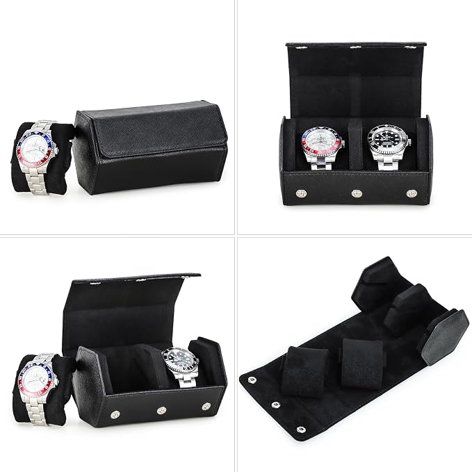 Hiram Genuine Leather Saffiano Watch Roll Travel Case, Leather 2-Watches Roll Case for Treasured Watches and Bracelets(Black) - Image 4
