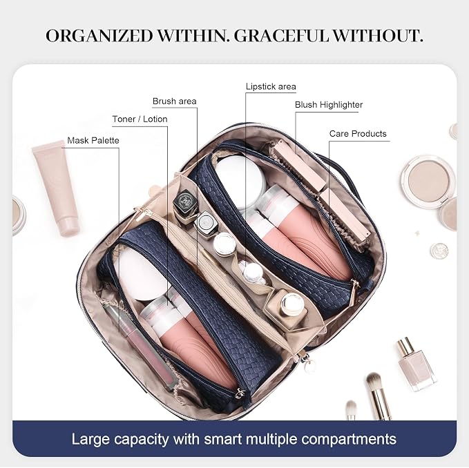 Travel Makeup Bag for Women: 3 Pcs Set Cosmetic Bags for Women - Large Capacity Vagen Leather Hand-made for Toiletry Organizer - Waterproof Ladies Travel Flat Open Essentials for Luxury (02Blue) - Image 6