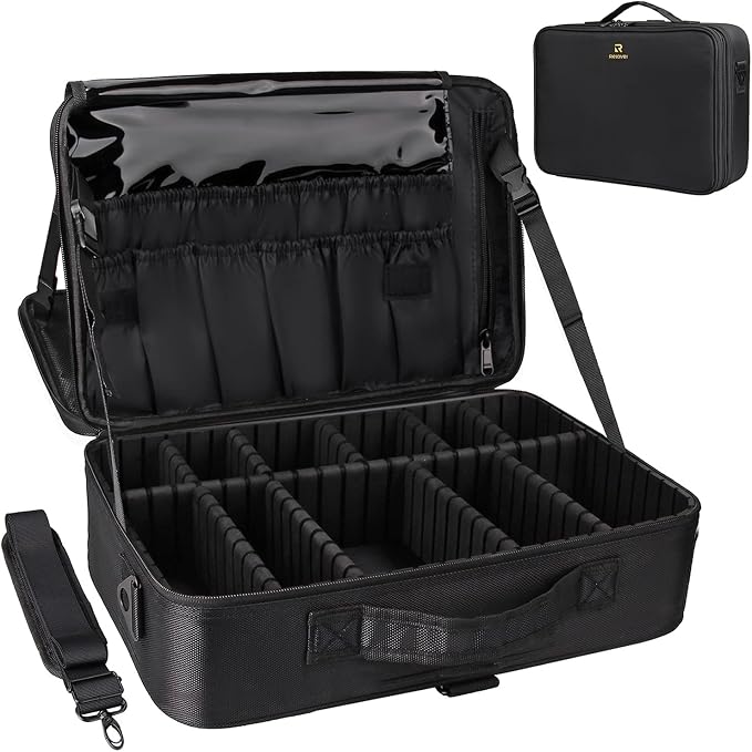 Relavel Makeup Case Large Makeup Bag Professional Train Case 16.5 inches Travel Cosmetic Organizer Brush Holder Waterproof Makeup Artist Storage Box, 3 Layer Large Capacity, with Adjustable Strap by Relavel